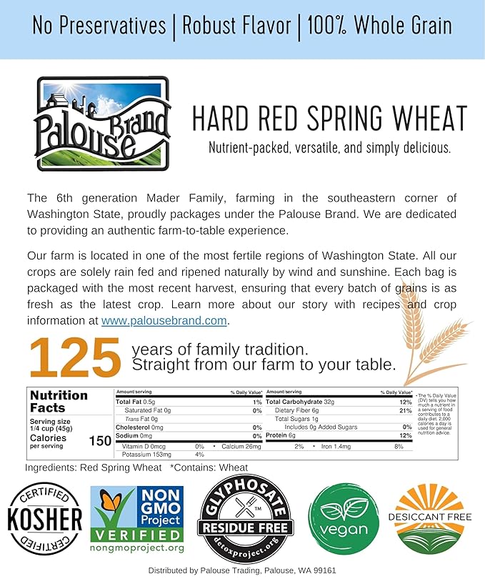Palouse Brand Certified Glyphosate Residue Free Hard Red Spring Wheat Berries | 25 LBS | Meet the Farmers | 100% Desiccant Free | Sproutable | Non-GMO Project Verified | Kosher | Poly Bag