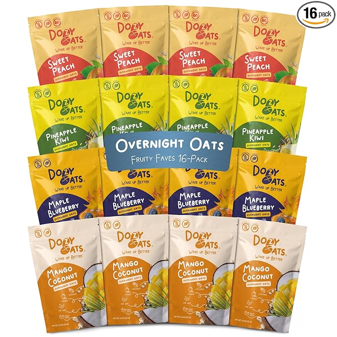 Dozy Oats Overnight Oatmeal Packets Fruity Faves Variety Box with Rolled Oats Chia Seeds Date Powder and Dried Fruit. Gluten-Free Natural Source of Protein and Fiber 16-Pack