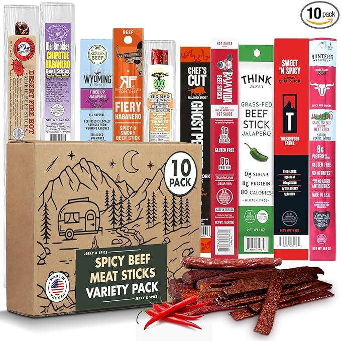 Jerky-n-Spice Premium Spicy Meat Sticks Gift Box (10 Count) | Beef Sticks Variety Pack | Beef Jerky Basket for Men | Assorted High Protein Meat Snacks | Ideal for Birthday Road Trip &amp Camping