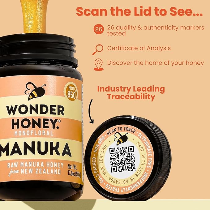 Wonder Honey Raw Manuka Honey New Zealand MGO550 (15+) Tested for 26 Markers Traceable Natural Soothing for Sore Throat Cough - Aids Digestion - Triple Sealed for safety in a Protective Box (8.8oz)