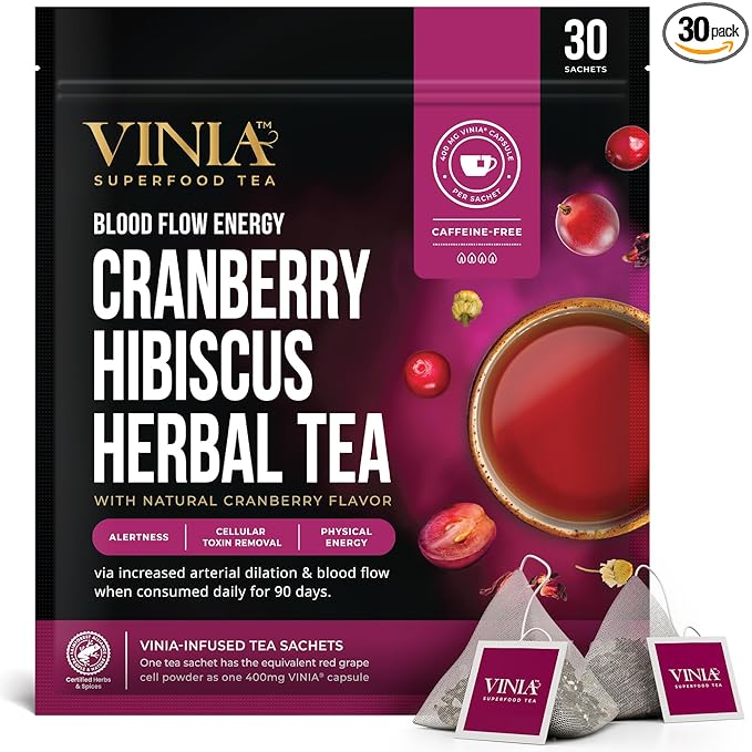 VINIA Cranberry Hibiscus Herbal Tea Bags Made with Organic Herbal Tea Infused with Piceid Resveratrol for Heart Health Nitric Oxide Physical Energy Alertness Blood Flow Keto Kosher NON-GMO. 3