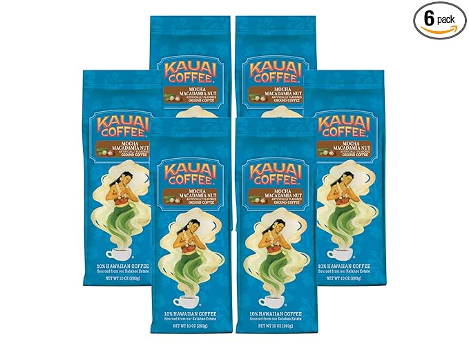 Kauai Coffee Ground Coffee – Smooth Rich Medium Roast – Chocolate Flavor and Nutty Aroma – Arabica Coffee 10% Hawaiian with No Bitterness – Mocha Macadamia Nut 6 Packs of 10oz