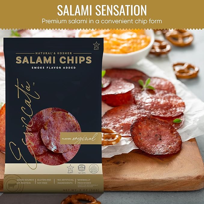 Meats Kosher Salami Chips - Sliced Sausage Charcuterie Meat - Natural Friendly - 2 oz Original 5 Pack