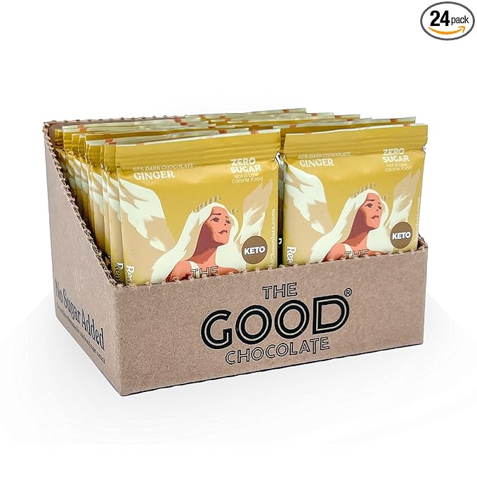 The Good Chocolate - Ginger Chocolate Squares Zero Sugar Lower Net Carb Snack Lower Calorie Vegan Chocolate Candy 24 Square Family Pack