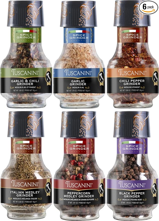 Tuscanini Premium Spice Grinder Variety Pack 6 Pack | Freshly Ground Seasonings | Product of Italy | Black Pepper Peppercorn Italian Medley Chili Flakes Garlic Flakes and Chili &amp Garlic Blen