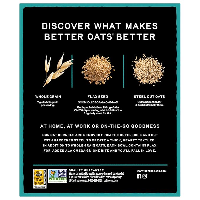 Better Oats Steel Cut Instant Oatmeal Packets Original Flavor with Flax Seeds Quick-Cooking Breakfast Box of 10 Pouches (Pack of 6)