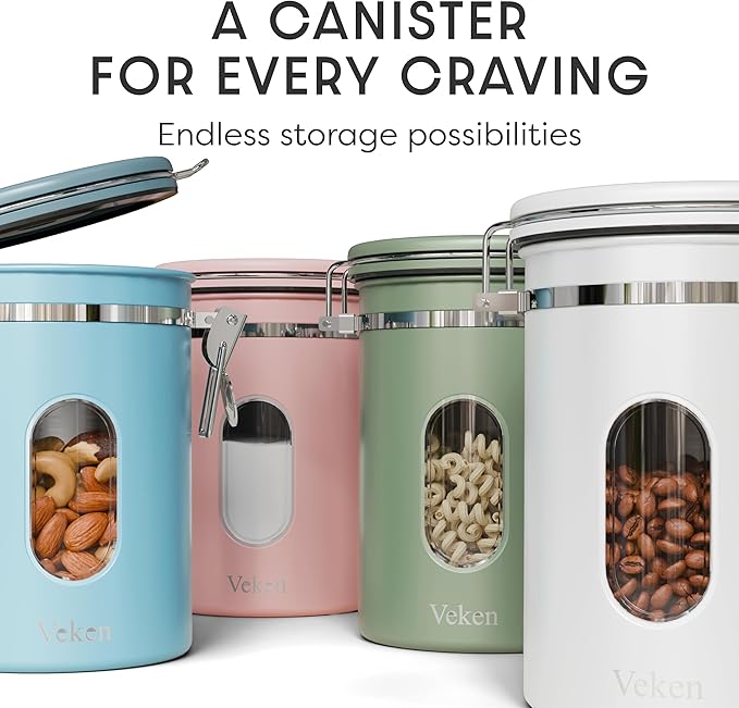 Veken Coffee Canister with Window Easter Gifts Airtight Stainless Steel Container with Lids Home Kitchen Food Storage Jars for Grounds Beans Tea Flour Cereal Sugar Basket Scoop 22OZ Green