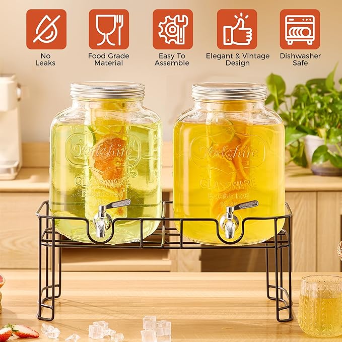 1.5 Gallon Glass Drink Dispensers for Parties 2PACK Beverage Dispenser with Stand Ice Cylinder and Stainless Steel Spigot 100% Leakproof Beverage Dispenser for Lemonade Sun Tea