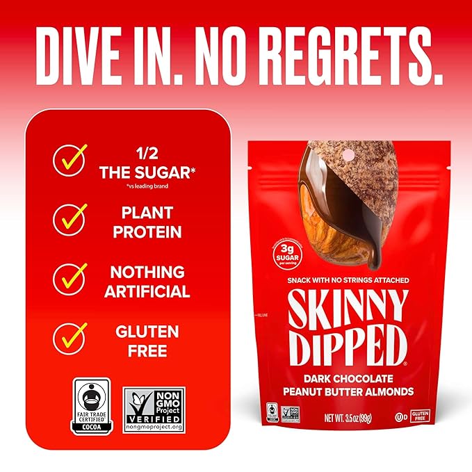 SkinnyDipped Dark Chocolate Peanut Butter Almonds Healthy Snack Plant Protein Gluten Free 3.5 oz Resealable Bags (Pack of 5)