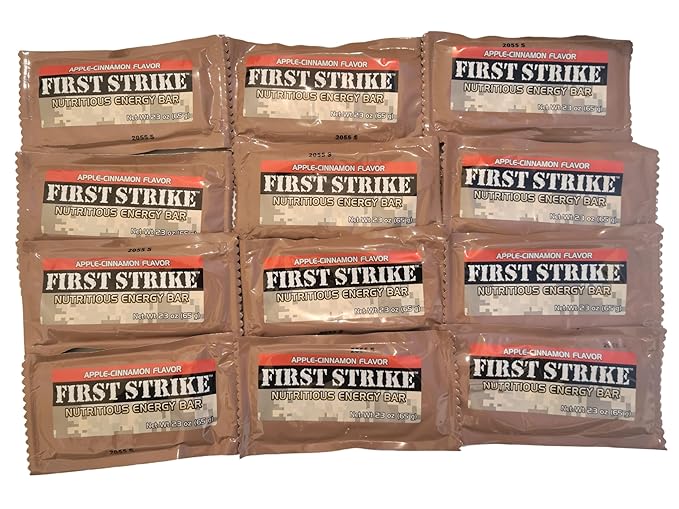 First Strike Energy Bar Full Size [2.3oz] - Authentic Long-Life USGI MRE Ration Nutrition Bars. Many Flavors and Packs to choose from Recent Production dates (12 Apple-Cinnamon)