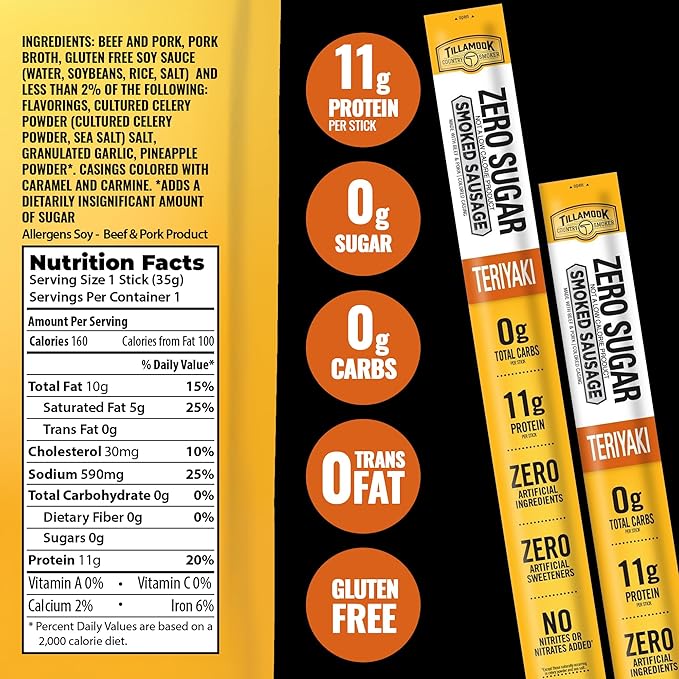 Tillamook Country Smoker Zero Sugar Beef &amp Pork Sticks Variety Pack (18 Count) - Original Spicy Jalapeno &amp Teriyaki Flavors Keto-Friendly Real Hardwood Slow-Smoked 11g Protein Per Serving