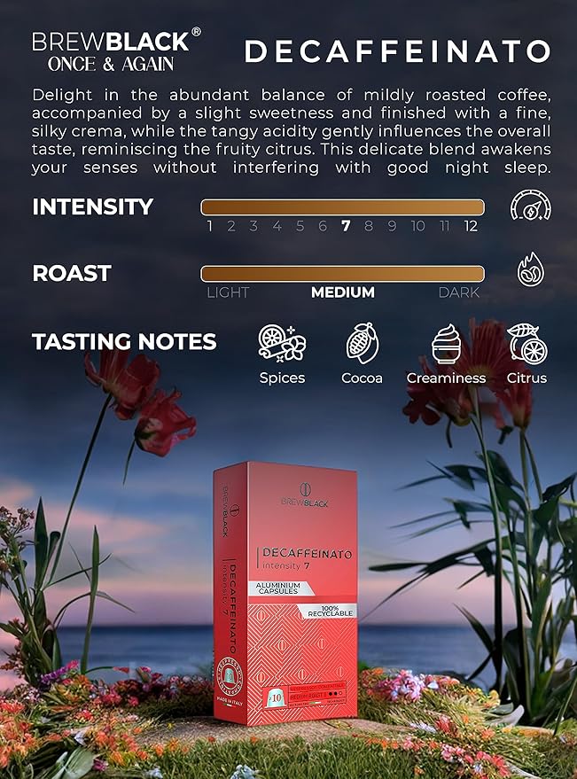 BrewBlack Decaffeinato Coffee Capsules - 50 Aluminum Coffee Pods Compatible with Nespresso Original line Medium Roast - Intensity 7/12 Made in Italy