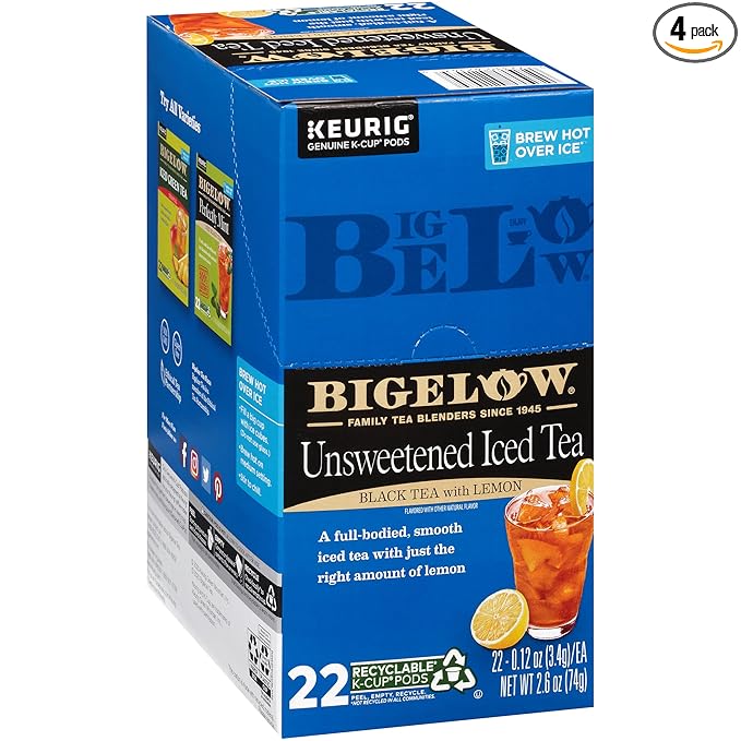 Bigelow Tea Unsweetened Iced Black Tea with Lemon Keurig K-Cup Pods Caffeinated Tea Keurig Tea Pods 22 Count (Pack of 4) 88 Total K-Cup Pods