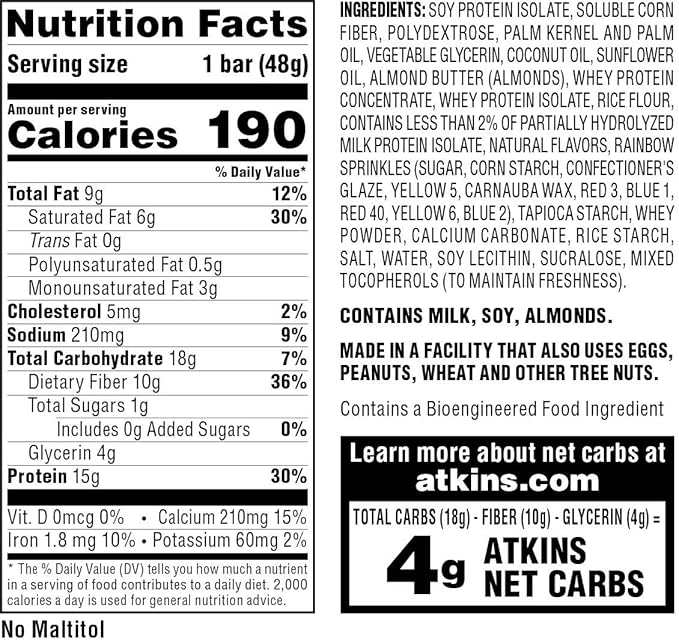 Atkins Birthday Cake Protein Meal Bar High Fiber 15g Protein 1g Sugar 4g Net Carbs Meal Replacement Keto Friendly 30 Count