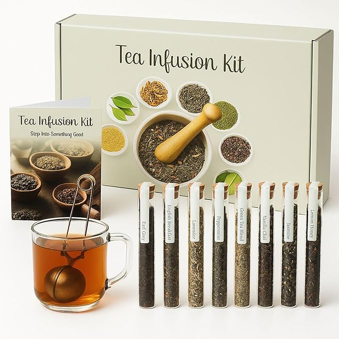 Loose Leaf Tea Sampler - Tea Gift Set Box – 8 Unique Flavors with Stainless Steel Infuser | Vanilla Chai Jasmine Lemon Honey &amp More | Tea Gift Set for Women and Men - Set of 9 - Valentine Gifts