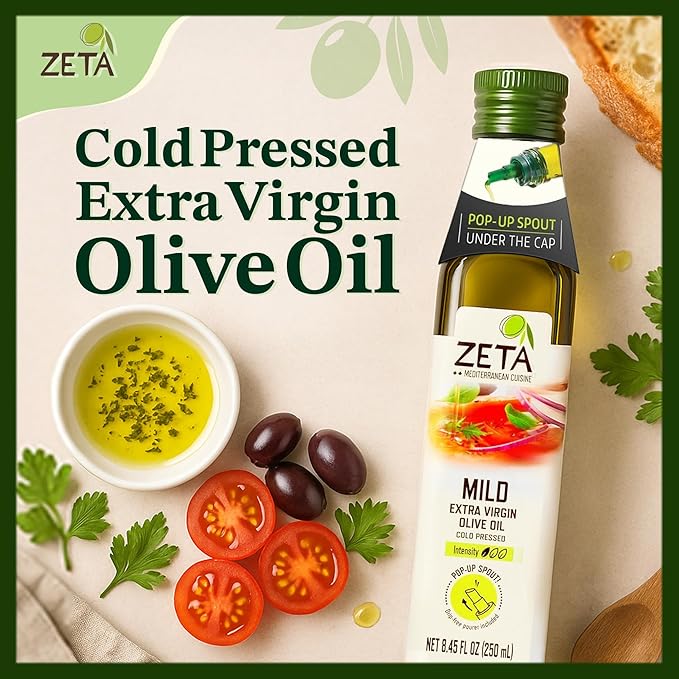 Zeta Extra Virgin Olive Oil 8.5 fl oz (3 Pack) | Premium Glass Bottle with Pop-Up Spout | Cold-Pressed | Product of Spain | Ideal for Baking Cooking Grilling Roasting Pasta &amp Salads