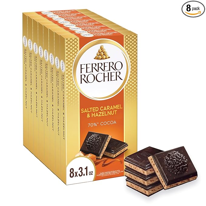 Ferrero Rocher Premium Chocolate Bars 8 Pack Dark Chocolate Hazelnut and Crunchy Salted Caramel Individually Wrapped 3.1 oz Each