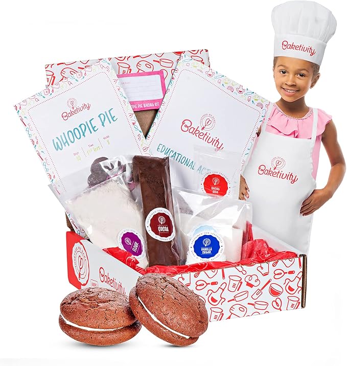 Baketivity Kids Baking DIY Activity Kit - Bake Delicious WhoopiePie with Pre-Measured Ingredients – Best Gift Idea for Boys and Girls Ages 4-12 – Includes Free Hat and Apron