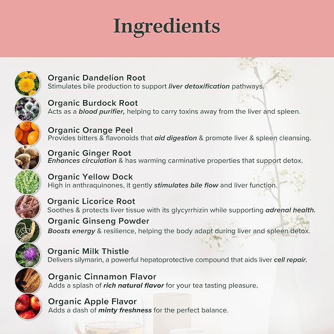 Jade Tea - Organic Liver &amp Spleen Detox Tea - Organic Dandelion Root Tea Burdock Root Ginger Root &amp Orange Peel - Supports Liver Kindey Gallbladder &amp Spleen Health - Apple Cinnamon Fla