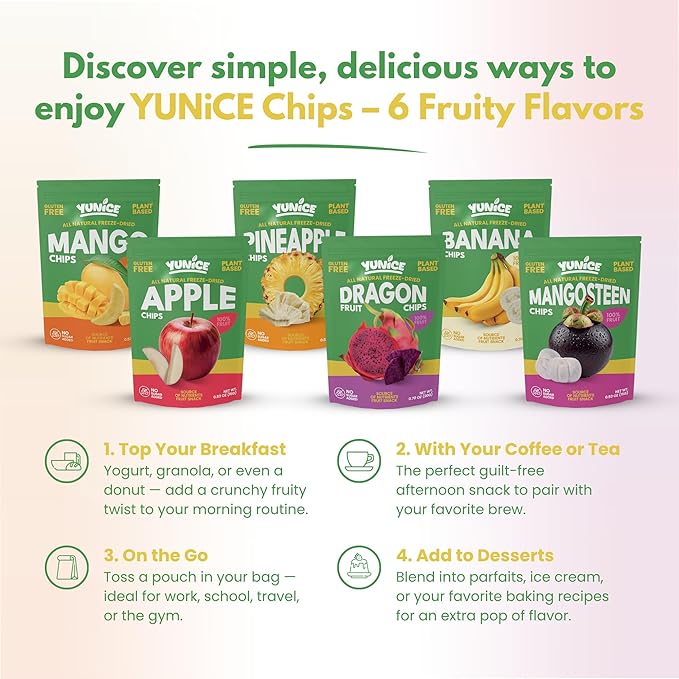 Yunice Freeze-Dried Fruit 100% Natural Gluten Free No Added Sugar healthy snacks for adults BANANA MANGO PINEAPPLE MANGOSTEEN APPLE &amp DRAGON FRUIT Variety Pack 0.53 Ounce (Pack of 12)