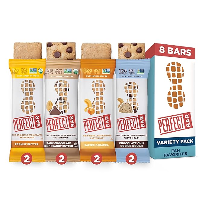 Perfect Bar Protein Bars Best Sellers Variety Pack Gluten Free Made with Organic Honey Peanut Butter Cookie Dough Texture Refrigerated 2.2-2.5 Oz Bars 8 Count