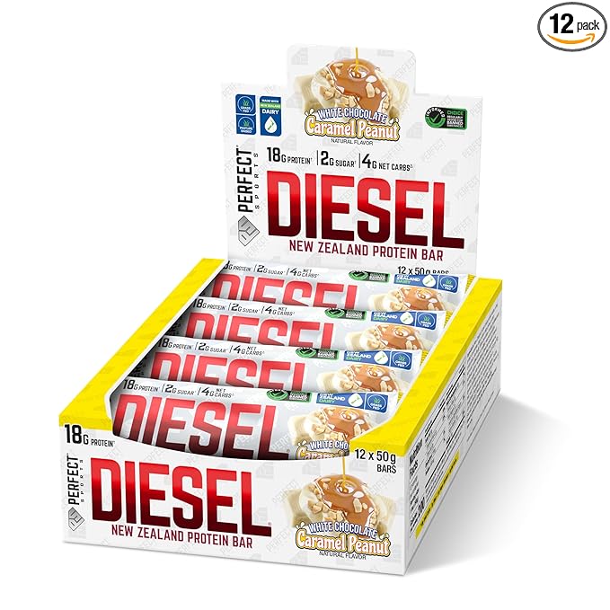 PERFECT SPORTS Diesel New Zealand Whey Protein Bars | Stevia Sweetened No Artificial Flavors | Low Sugar 18g Protein | 12 Pack (White Chocolate Caramel Peanut)