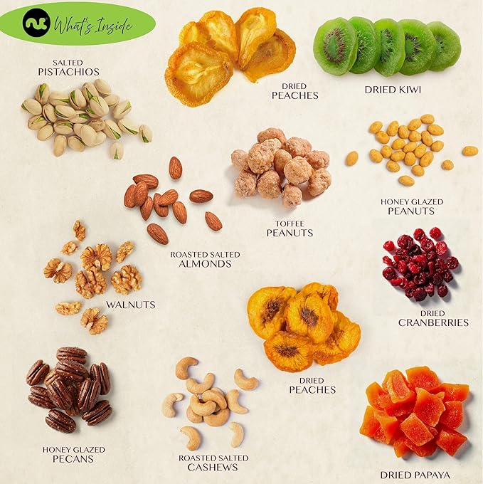 NUT CRAVINGS Gourmet Collection - Get Well Soon Nuts &amp Dried Fruits Tower Gift Basket with Get Well Soon Ribbon (12 Assortments) Food Arrangement Healthy Snack Care Package Food Assortments