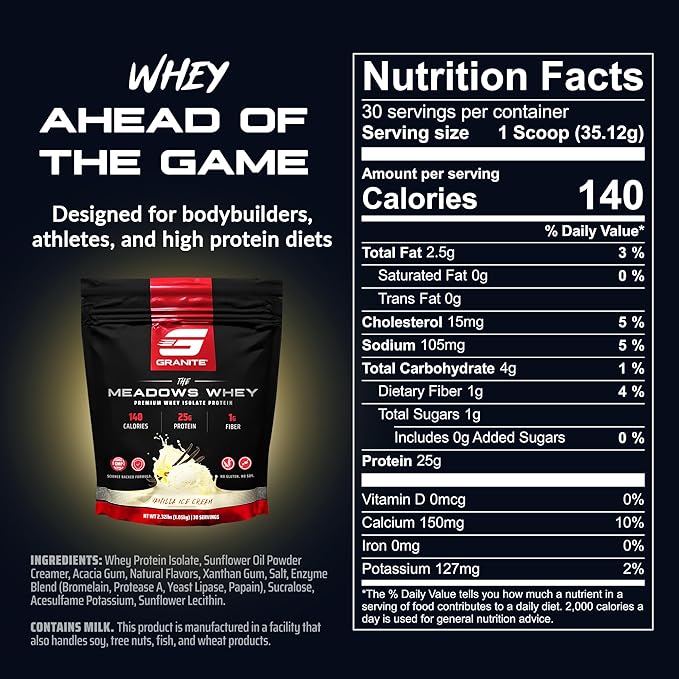 Granite Supplements The Meadows Whey Protein Isolate Protein Powder for Lean Muscle with 150 Calories 2g Fiber 1g Sugar (30 Servings) Vanilla Ice Cream Flavor