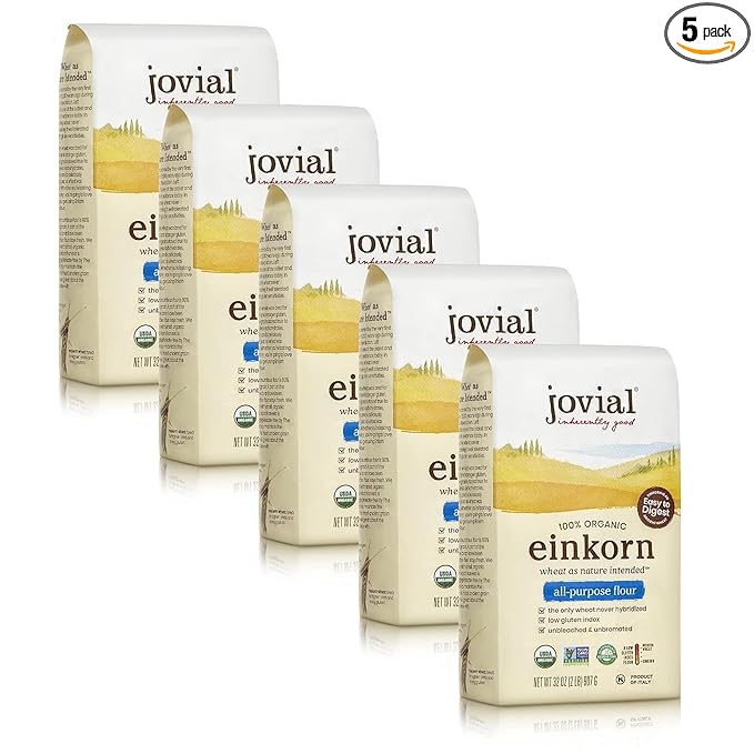 Jovial Organic Einkorn Unbleached All Purpose Flour - Bread Baking Flour for Sourdough High Protein Non-GMO Organic Pizza &amp Pasta European Italian Glyphosate Free - 32 Oz 5 Pack
