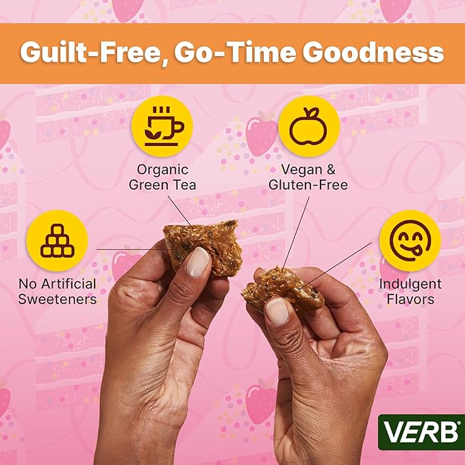 Verb Energy - Caffeinated Protein Bars Birthday Cake 10g Plant Based Protein Bars High Protein - Vegan Snack - Gluten Free Breakfast Snack with Organic Green Tea 51g (Pack of 12)