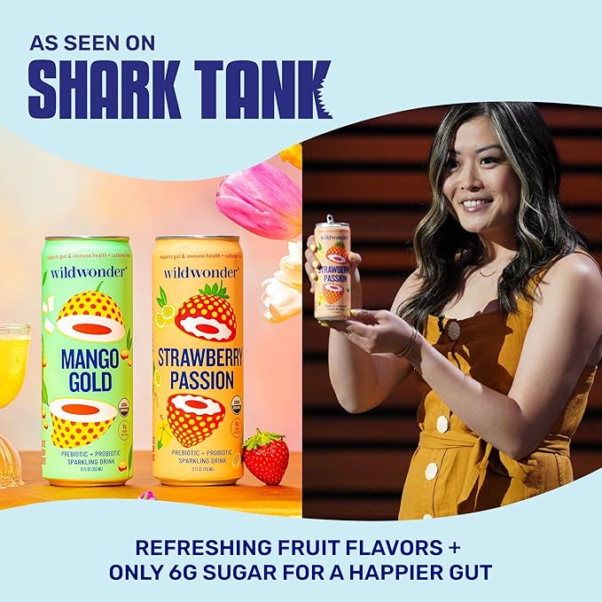 wildwonder Sparkling Probiotic Drink 12pk for Gut Health &amp Immune Support Guava Rose 5 G Prebiotic Fiber Live Probiotics Organic Vegan Low Sugar 12 Pack 12 Oz Can As Seen on Shark Tank