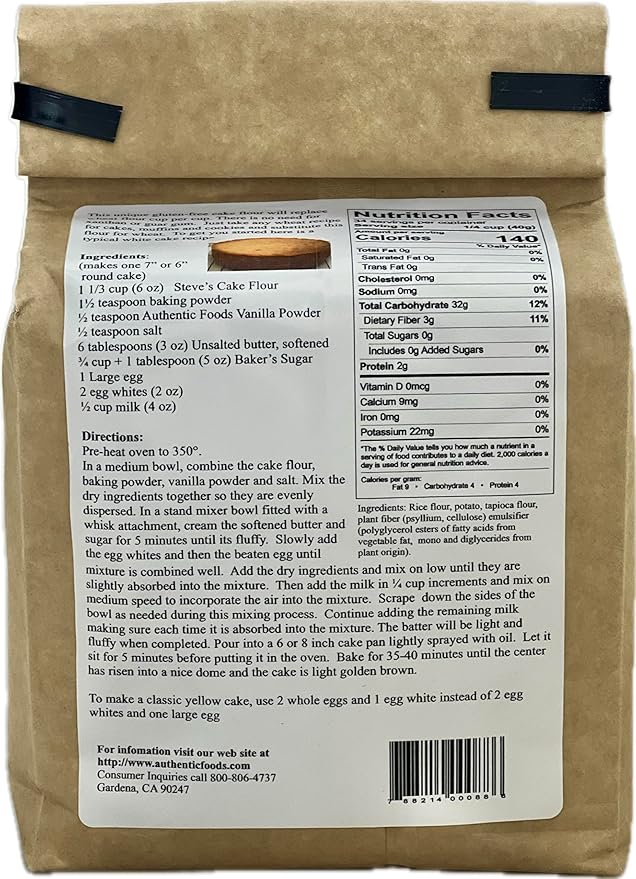 Authentic Foods Steve's Gluten Free Cake Flour Blend 3 Pound