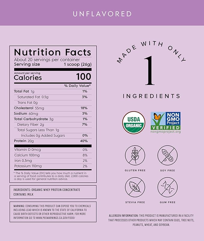 Truvani Organic Whey Protein Powder | Unflavored | 20g Grass Fed Whey Protein | 20 Servings | USDA Organic &amp Non-GMO | Gluten Free | No Gums No Soy No Stevia No Added Sugars