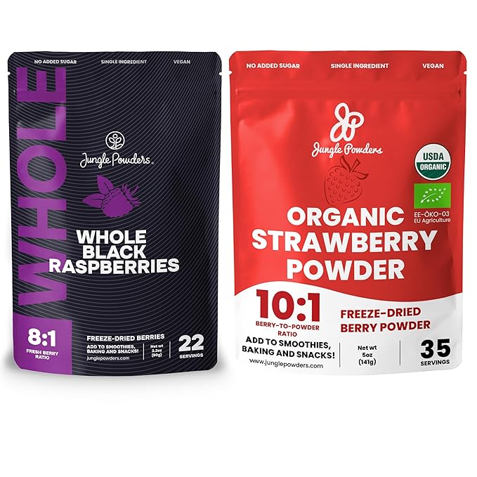 Jungle Powders Freeze Dried Whole Black Raspberries 3.2oz &amp Organic Strawberry Powder 5oz Bundle - No Sugar Added Dried Fruit Snacks &amp Natural Berry Powders for Baking Smoothies Yogurt Deco
