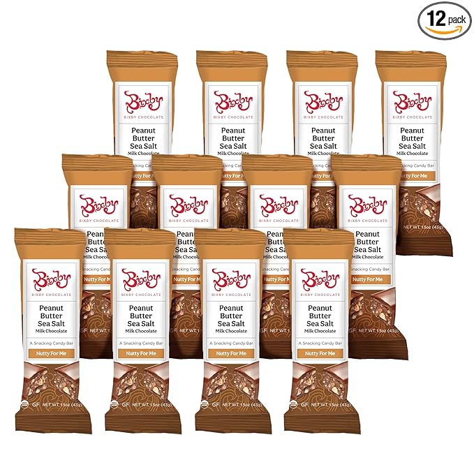 Bixby 12 Bars of Organic Milk Chocolate - Gluten Free Peanut Butter and Real Sea Salt - Non GMO Kosher Protein Snack with Clean Ingredients - Organic Bulk Chocolate Bars - 12 Bars 1.5oz each