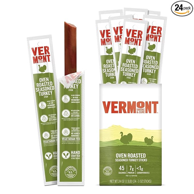 Vermont Smoke &amp Cure - Oven Roasted Seasoned Turkey Sticks - Portable Meat Snack for Adults &amp Kids - Protein Snack - Individually Wrapped Jerky Snacks 1oz - 24 Count