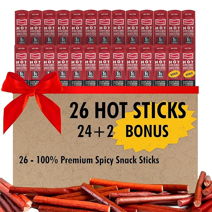 Jerky.com Hot Beef and Pork Jerky Meat Sticks 26 Pack (24 + 2 Bonus) | 5g Protein 90 Calories Gluten-Free Individually Wrapped Keto Friendly Low Carb Snack | Delicious Smoked Beef Jerky Sticks |