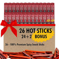 Jerky.com Hot Beef and Pork Jerky Meat Sticks 26 Pack (24 + 2 Bonus) | 5g Protein 90 Calories Gluten-Free Individually Wrapped Keto Friendly Low Carb Snack | Delicious Smoked Beef Jerky Sticks |