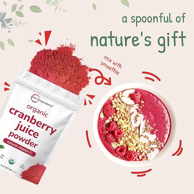 Sustainably US Grown Organic Cranberry Juice Powder (Wild Cranberry Supplements Cold Pressed) 8 Ounce | Supports Urinary Tract Cleanse &amp Prostate Health* | Filler Free Water Soluble Pet Friend