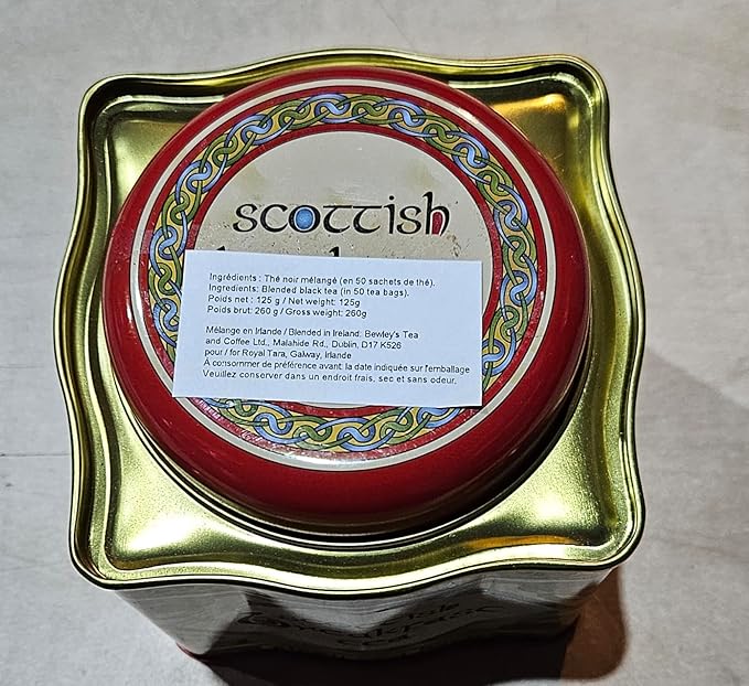 Royal Tara Scottish Breakfast Tea- Celtic Weave Metal Tin 50 Irish Tea Bags -Assam Ceylon and Africa Blend Gourmet
