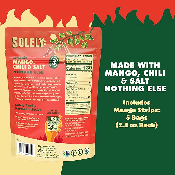 SOLELY - Organic Dried Mango Strips with Chili and Salt (2.8 oz Resealable Bags Pack of 5) Real Fresh Fruit - Healthy Snacks for Adults &amp Kids - Non GMO Vegan Snacks Shelf Stable - 5 Bags (14 o