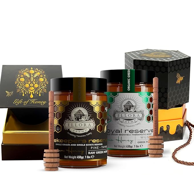 Ellora Farms Organic Greek Honey Bundle – Pine-Thyme &amp Wild Thyme Raw Pure Unfiltered Award-Winning Cold-Pressed Gluten-Free Gift Pack with Dipper – 2x450g