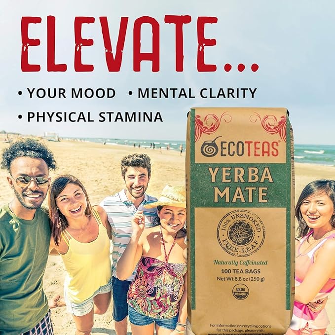 ECOTEAS Premium Organic Yerba Mate Tea Bags – Natural Energy &amp Detox Herbal Tea – Coffee Alternative - Kosher Non-GMO Gluten-Free - 100 Unsmoked Bulk Bags 8.8 oz (Pack of 2)
