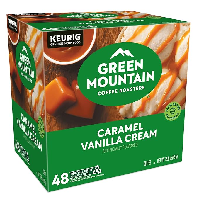 Green Mountain Coffee Roasters Caramel Vanilla Cream Single-Serve Keurig K-Cup Pods Flavored Light Roast Coffee Pods 48 Count