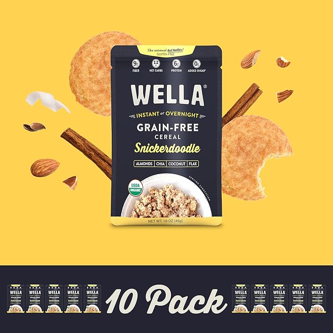 Wella Cereal Oatmeal Alternative Gluten-Free Breakfast Hot Cereal Grain-Free Paleo Organic Vegan High Protein Superfood Plant-Based Non-GMO Low in Net Carbs Single-Serve Packets Snickerdoodle Fl