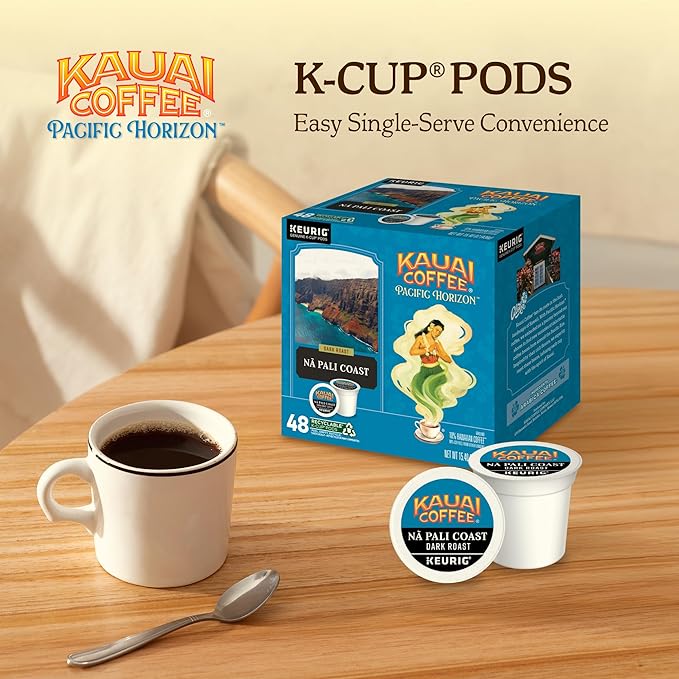 Kauai Coffee K-Cup Pods for Keurig Brewers – Arabica Coffee 10% Hawaiian – Dark Roast Nutty with Sweet Chocolate Overtones – Na Pali Coast 1 Pack of 48 Single Serve K-Cups