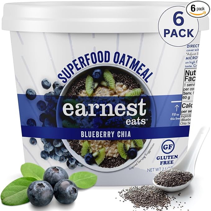 Earnest Eats Superfood Oatmeal Cups - Blueberry Chia – 6g Plant Protein Gluten Free Vegan On-the-Go Breakfast 2.1 Ounces Each (6 Pack)