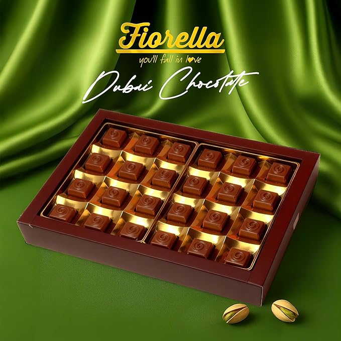 Fiorella Dubai Style Milk Chocolate Pistachio Squares Filled Chocolate With Pistachio Butter &amp Crispy Kadayif Individually Wrapped Chocolate Pieces 24 Count Box