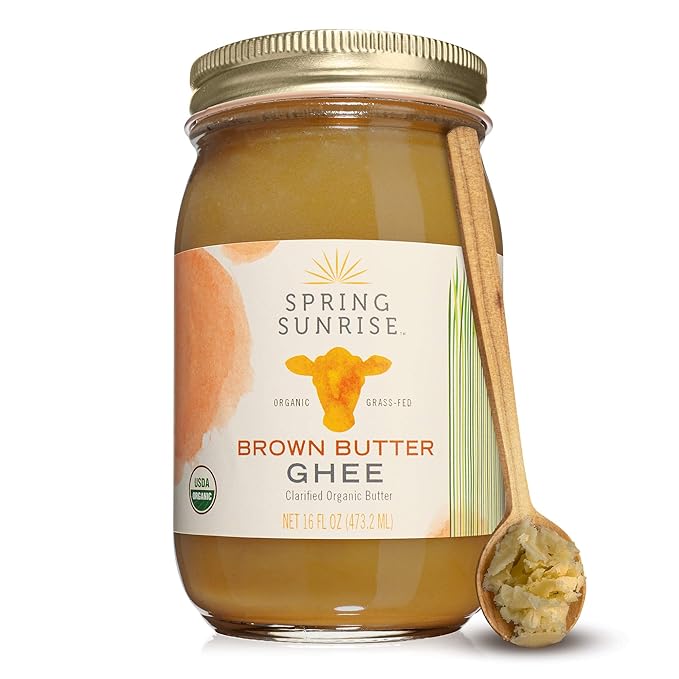 Spring Sunrise Organic Brown Ghee - Grass Fed Clarified Butter - Keto &amp Paleo Friendly Lactose &amp Gluten Free Cooking Oil with High Smoke Point - 16 oz Jar