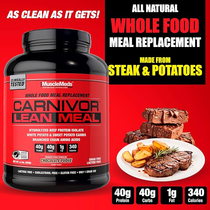 MuscleMeds CARNIVOR Lean Meal Whole Food Meal Replacement Shake MRE Beef Protein Isolate White Potato Sweet Potato 40g Protein 40 g Carbs Lactose Free Sugar Free Chocolate Fudge 20 Servings